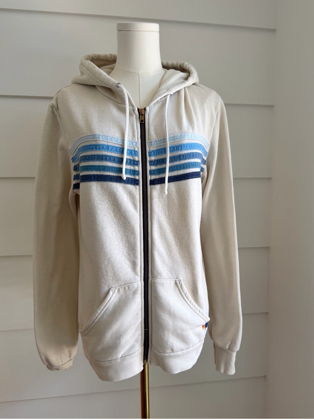 Aviator Nation 5 Stripe Hoodie Vintage White/Blue size M - Picture 2 of 11